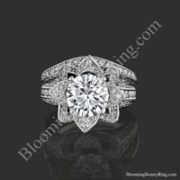 The hand engraved blooming beauty flower engagement ring set face on, petals blooming around a round center - bbr434en-set