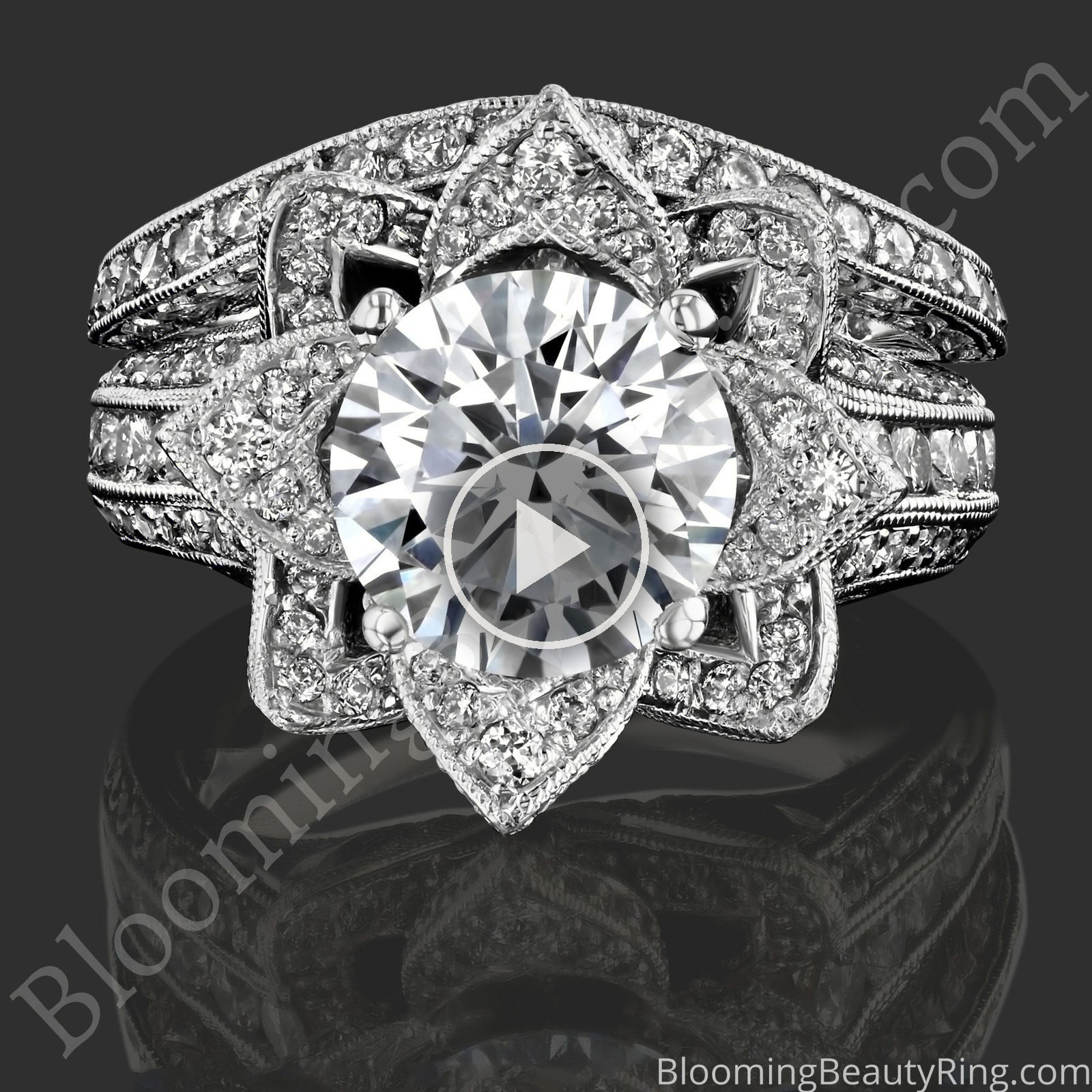 2.08 ctw. Large Hand Engraved Blooming Beauty Wedding Ring Set – bbr434en-set laying down video