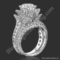 The floral inspired hand engraved blooming beauty flower ring and matching wedding band standing up - bbr434en-set