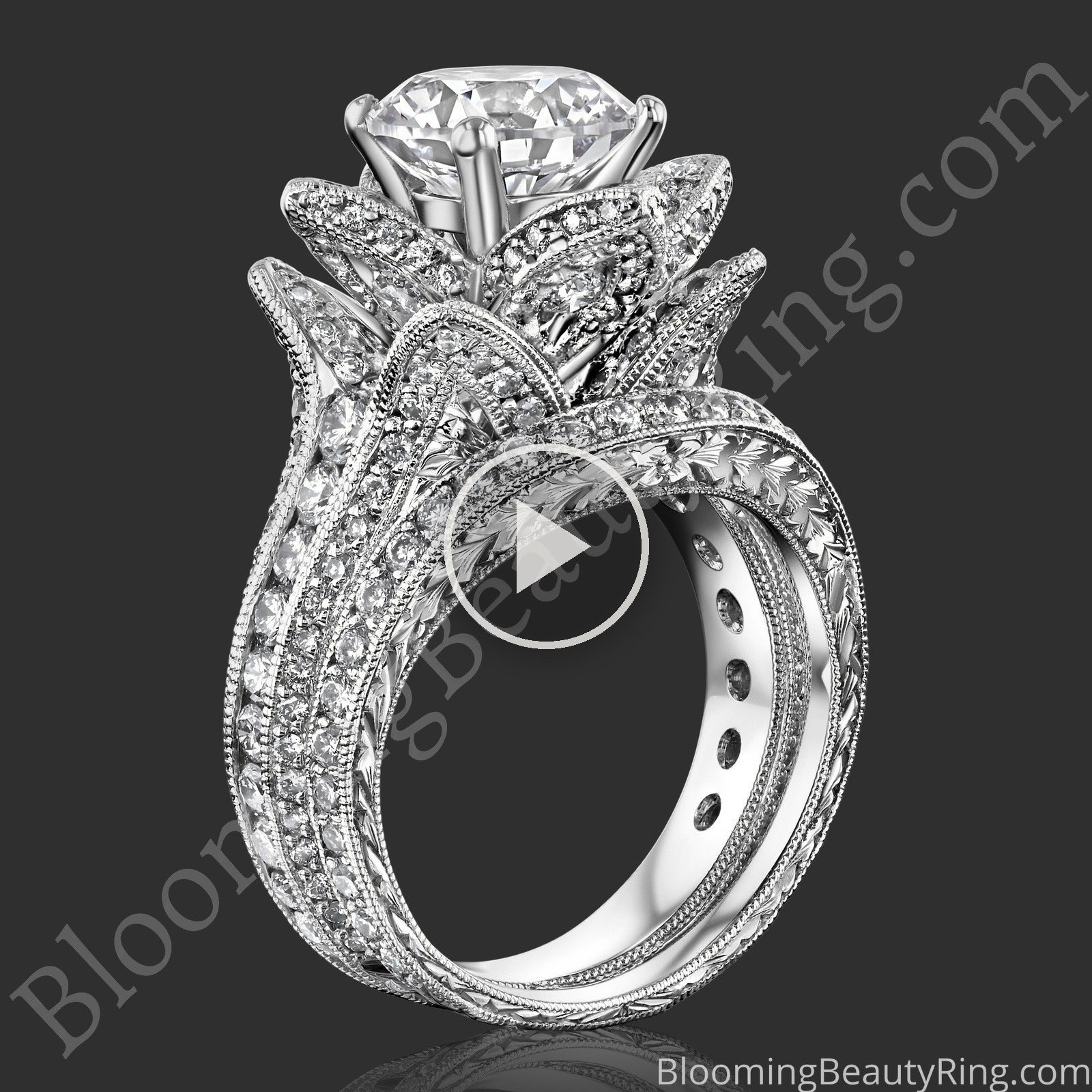 2.08 ctw. Large Hand Engraved Blooming Beauty Wedding Ring Set – bbr434en-set standing up video