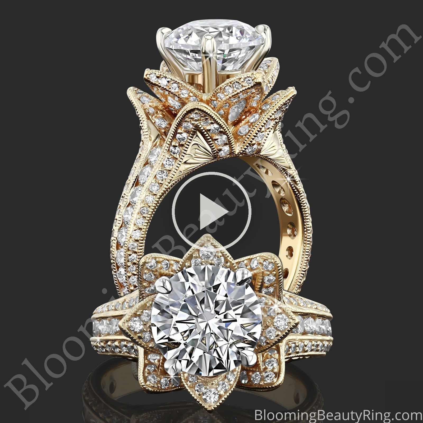 1.78ctw Yellow Gold Large Hand Engraved Blooming Beauty Flower Diamond Engagement Ring – bbr434ygen standing up video