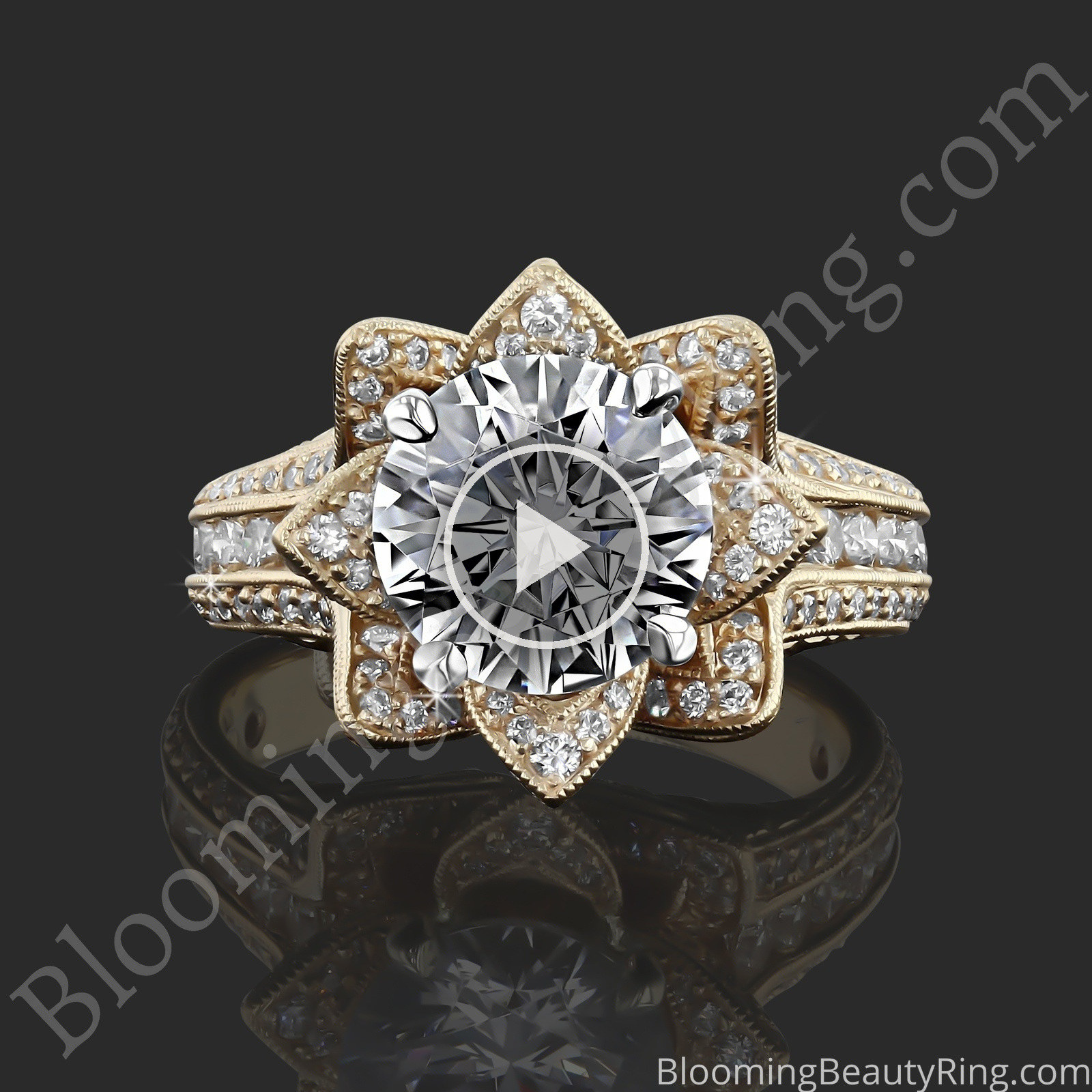 1.78ctw Yellow Gold Large Hand Engraved Blooming Beauty Flower Diamond Engagement Ring – bbr434ygen laying down video