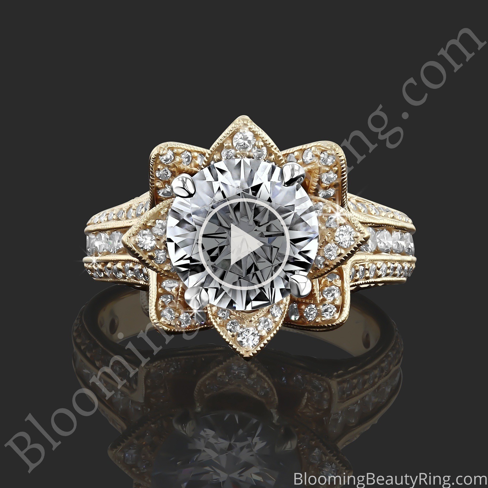 1.78ctw Yellow Gold Large Hand Engraved Blooming Beauty Flower Diamond Engagement Ring – bbr434ygen laying down video
