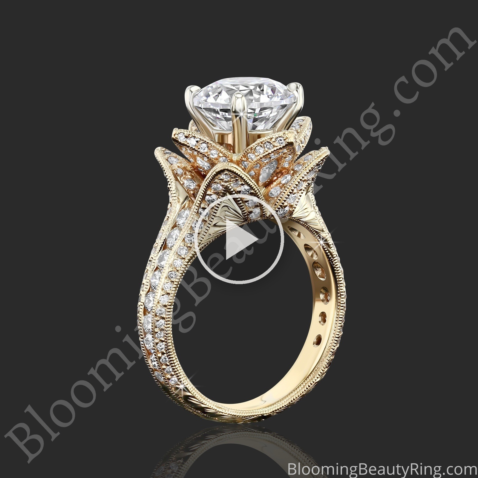 1.78ctw Yellow Gold Large Hand Engraved Blooming Beauty Flower Diamond Engagement Ring – bbr434ygen standing up video