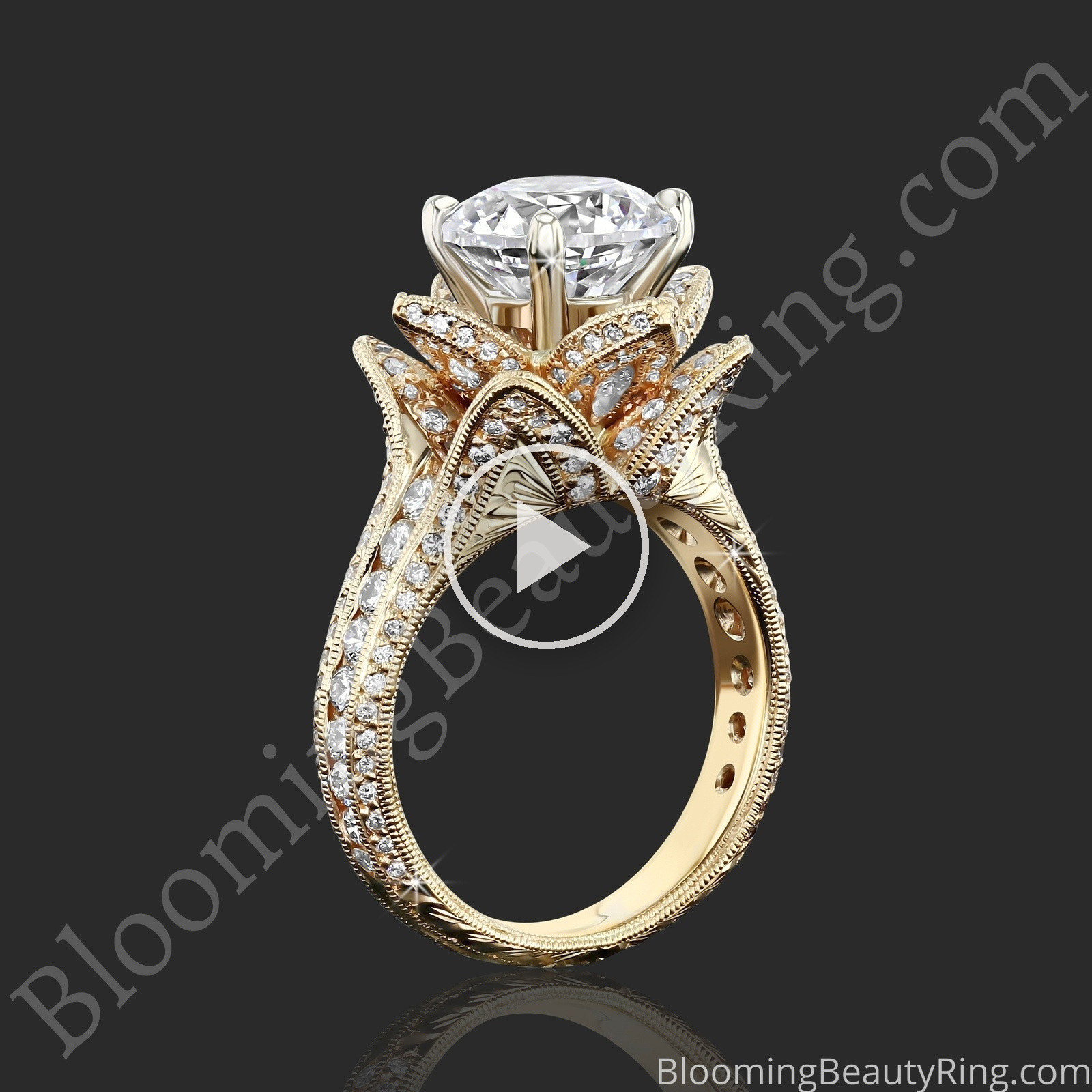 1.78ctw Yellow Gold Large Hand Engraved Blooming Beauty Flower Diamond Engagement Ring – bbr434ygen standing up video