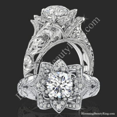 Diamond Embossed Blooming Rose Engagement Ring with Etched Carvings