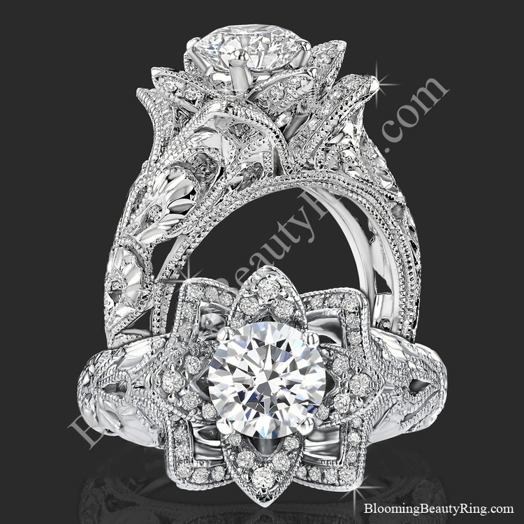Diamond Rose Ring with Etched Carvings