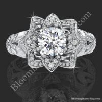 Face on view of the diamond embossed blooming rose engagement ring, nature inspired diamond petals and hand etched carvings - bbr611-1