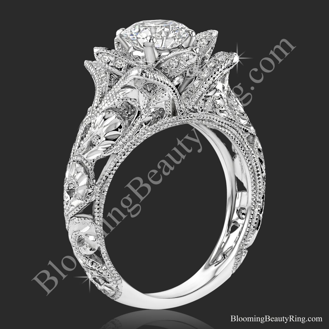 The diamond embossed blooming rose engagement ring with etched carvings standing up, floral inspired petals around a round center - bbr611-1