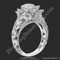 The diamond embossed blooming rose engagement ring with etched carvings standing up, floral inspired petals around a round center - bbr611-1