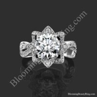 The lotus leafy flower engagement ring set face on, diamond petals blooming around the round center - bbr626set