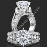 Two views of the wide band diamond engagement ring with marquise shaped side diamonds and milgrain pave edges - bbr734e