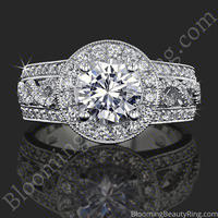 The Diamond Lattice Halo engagement ring laying down, showing the diamond halo and rows of diamonds on each shoulder, BBR-703E
