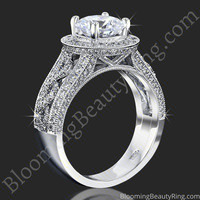 The Diamond Lattice Halo engagement ring standing up, showing the open lattice under the halo, BBR-703E