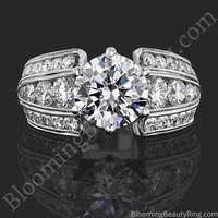 The Trinity Crest thick band engagement ring laying down, showing three rows of round diamonds on each side of the center stone, BBR505A