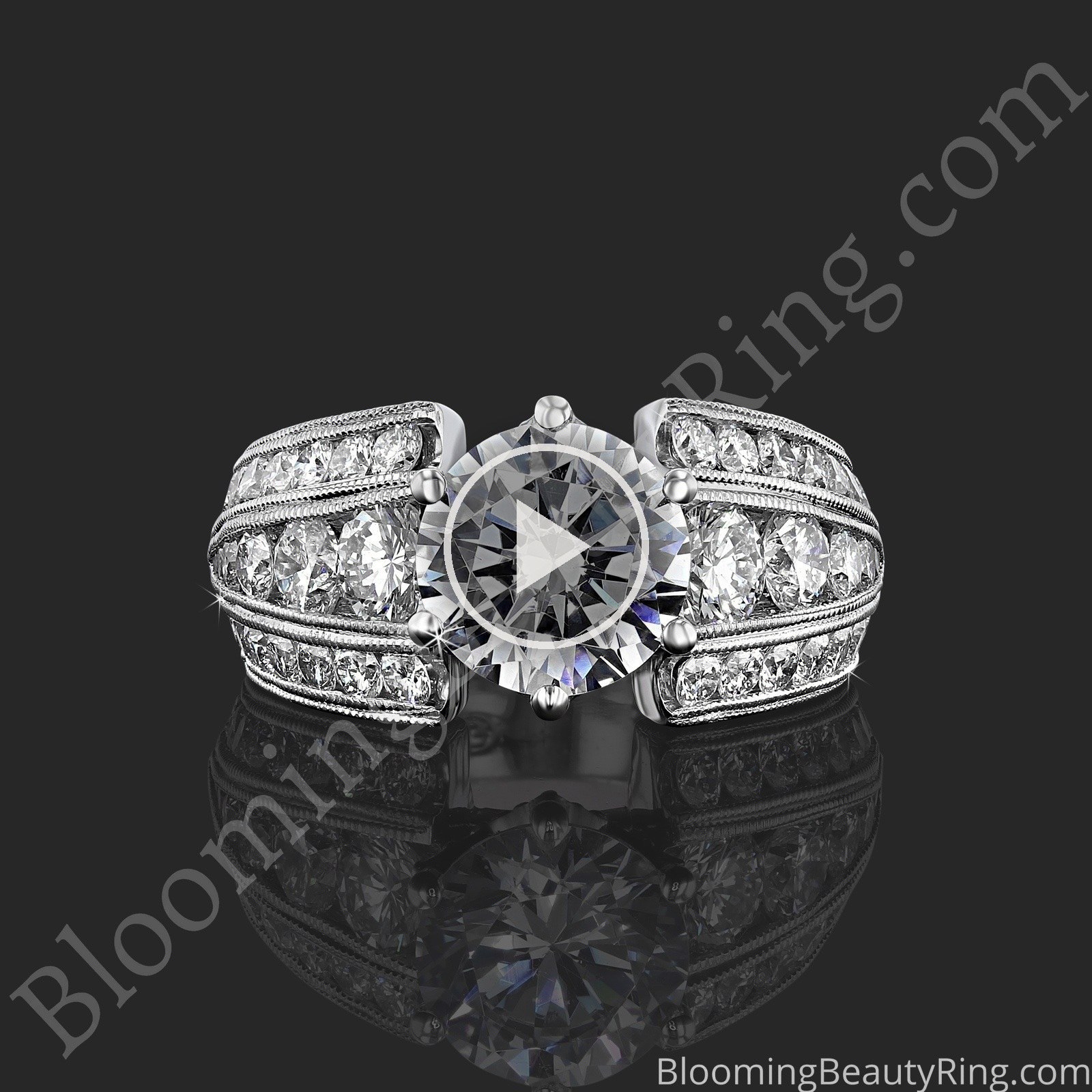 The Trinity Crest – Thick Band Large Engagement Ring with Diamond Paved Crown laying down video