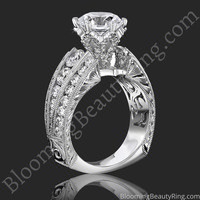 The Trinity Crest thick band engagement ring standing up, showing the diamond paved crown under the center stone and the engraved band, BBR505A