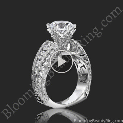 The Trinity Crest – Thick Band Large Engagement Ring with Diamond Paved Crown standing up video