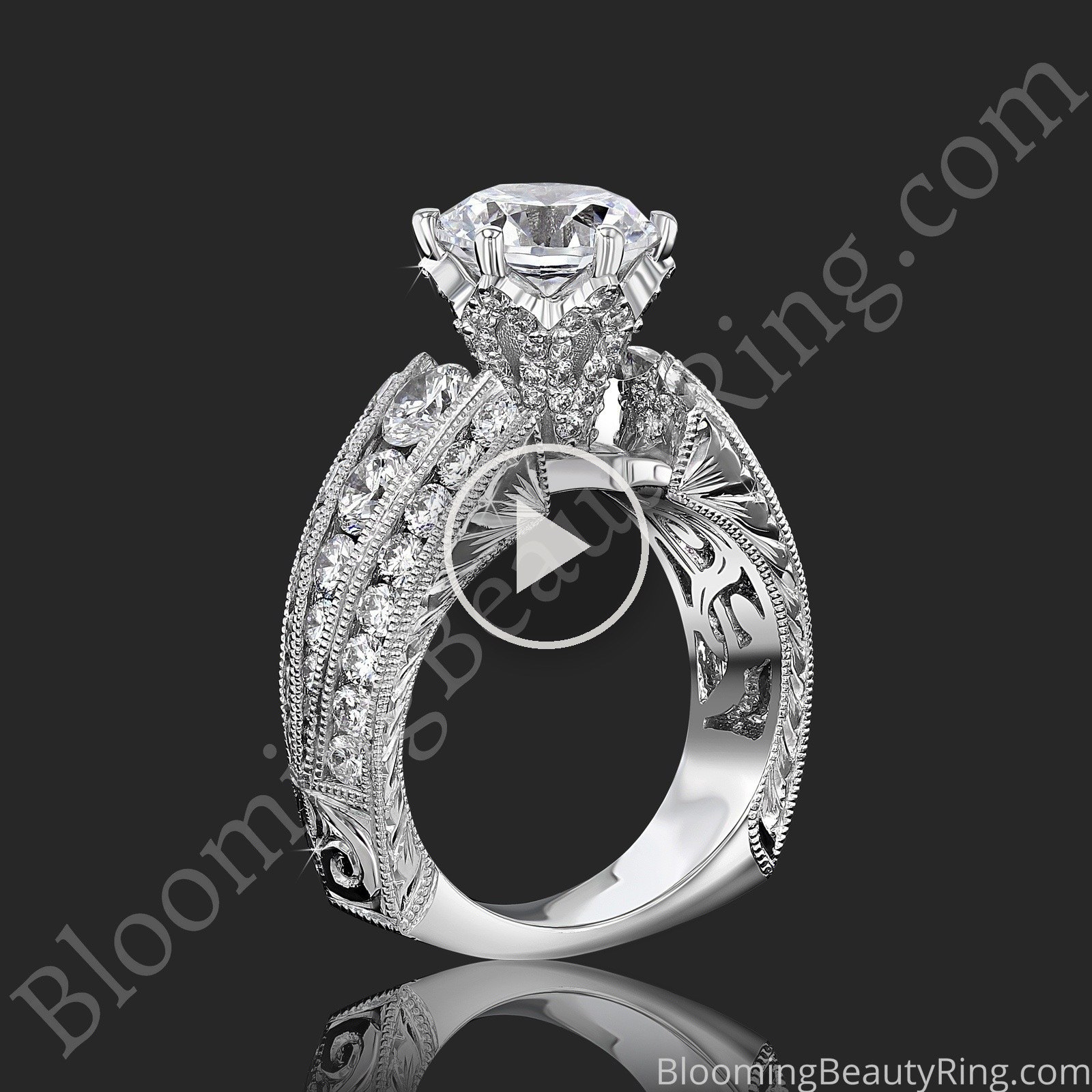 The Trinity Crest – Thick Band Large Engagement Ring with Diamond Paved Crown standing up video
