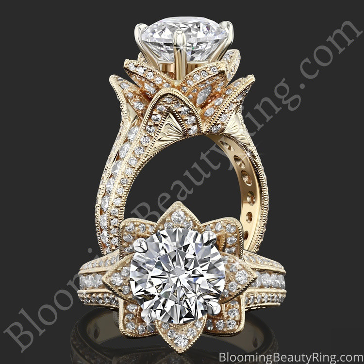 1.78ctw Yellow Gold Large Hand Engraved Blooming Beauty Flower Diamond Engagement Ring – bbr434ygen collage, standing up and laying down