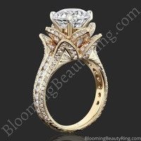 1.78ctw Yellow Gold Large Hand Engraved Blooming Beauty Flower Diamond Engagement Ring – bbr434ygen standing up