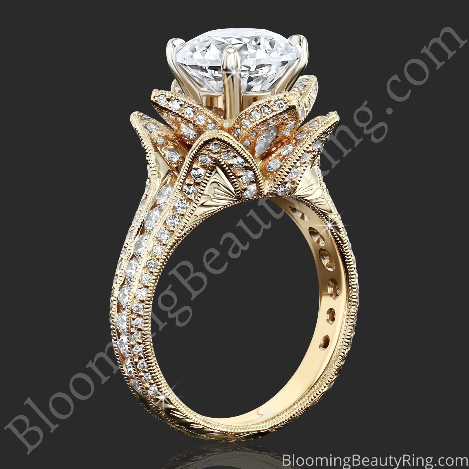 1.78ctw Yellow Gold Large Hand Engraved Blooming Beauty Flower Diamond Engagement Ring – bbr434ygen standing up