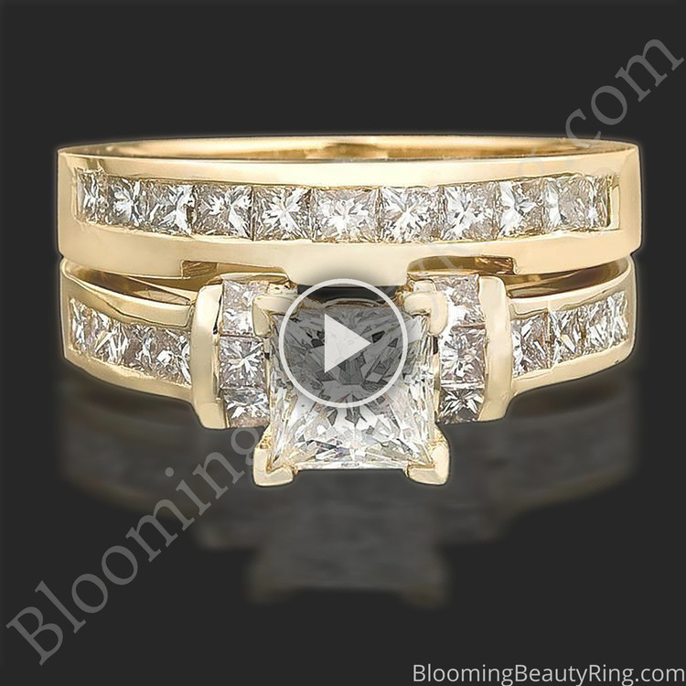 2 Carat Channel Set 4 Prong Princess Diamond Engagement Ring Set laying down video