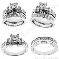 2 Carat Channel Set 4 Prong Princess Diamond Engagement Ring Set, four views on a white background, BBRNW2029