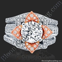 Double Band Two Toned White and Rose Gold Flower Ring Set