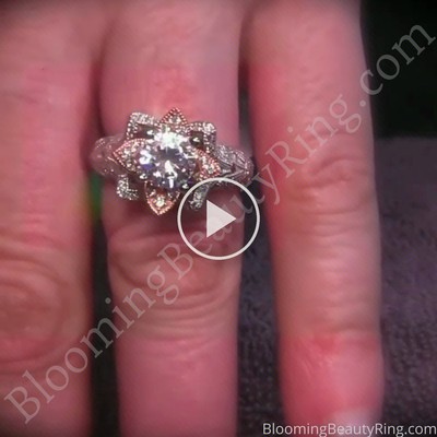 Art Carved Blooming Rose Flower Engagement Ring with Diamond Accents – bbr611 on the finger video