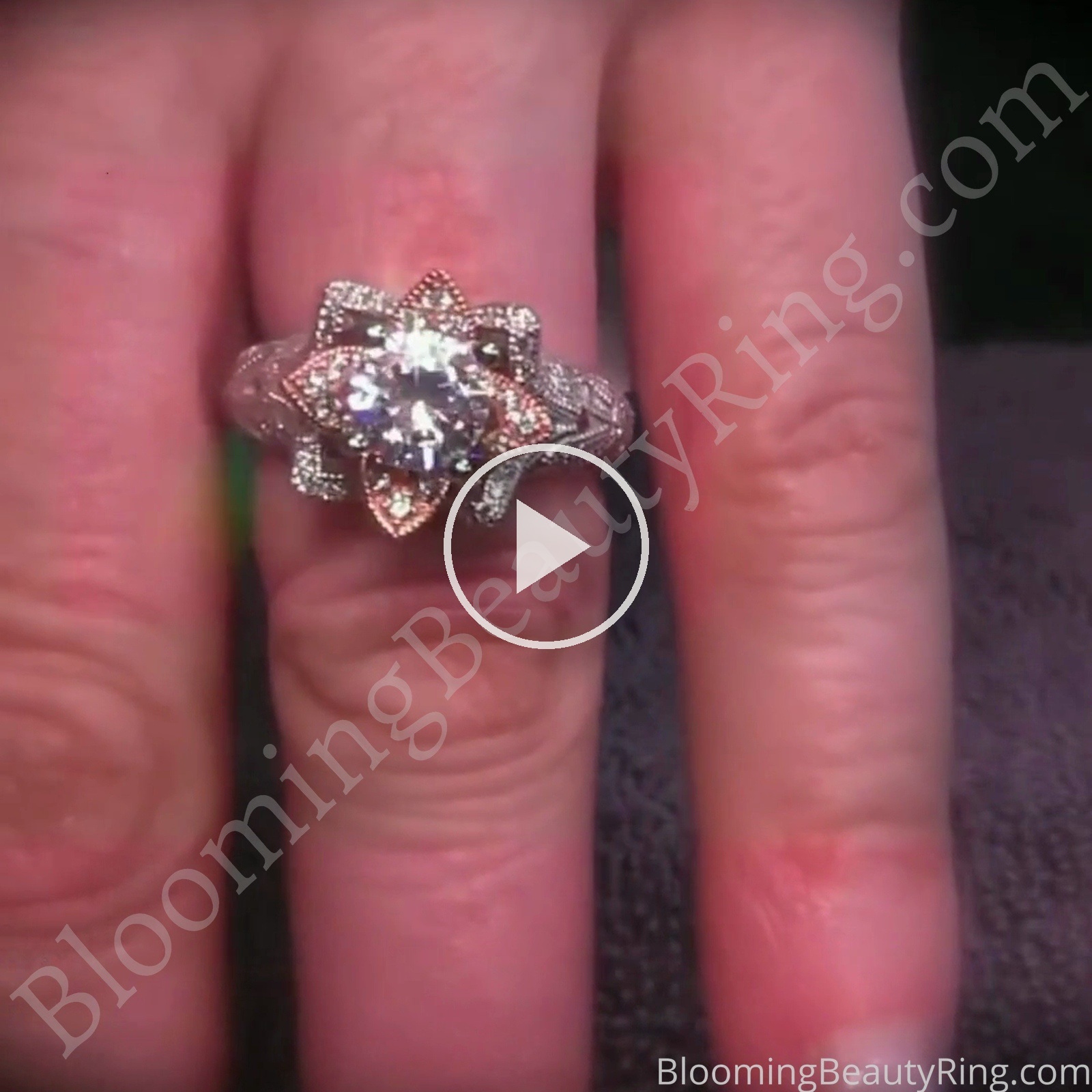 Art Carved Blooming Rose Flower Engagement Ring with Rose Gold Petals – bbr611 on the finger video