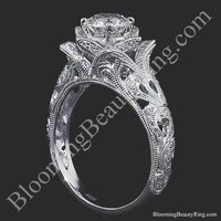 Art Carved Blooming Rose Flower Engagement Ring with Diamond Accents – bbr611 standing up