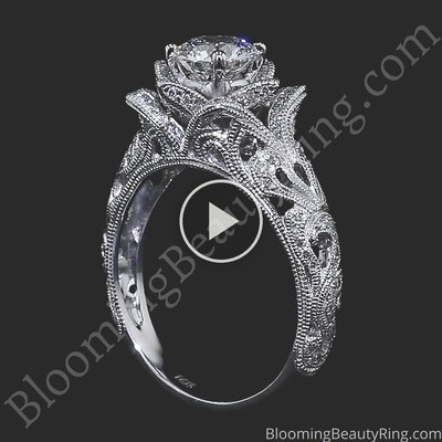 Art Carved Blooming Rose Flower Engagement Ring with Diamond Accents – bbr611 standing up video