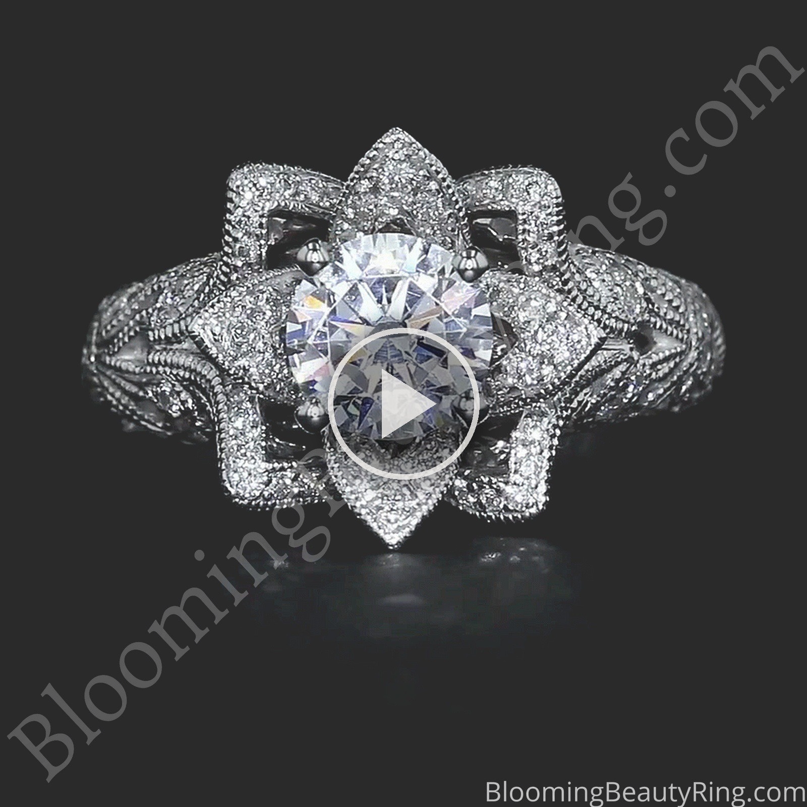Art Carved Blooming Rose Flower Engagement Ring with Rose Gold Petals – bbr611 laying down video