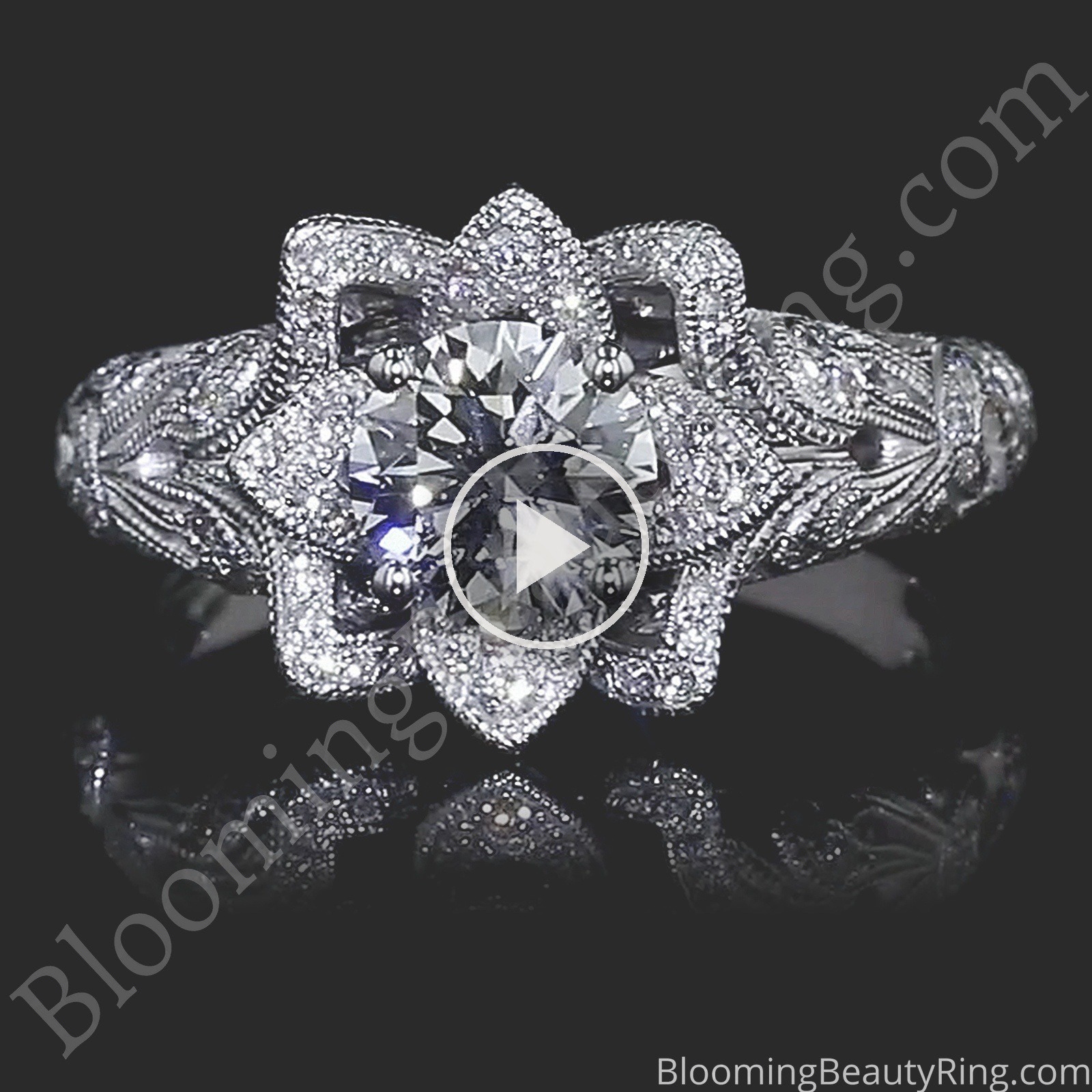 Art Carved Blooming Rose Flower Engagement Ring with Rose Gold Petals – bbr611 laying down video