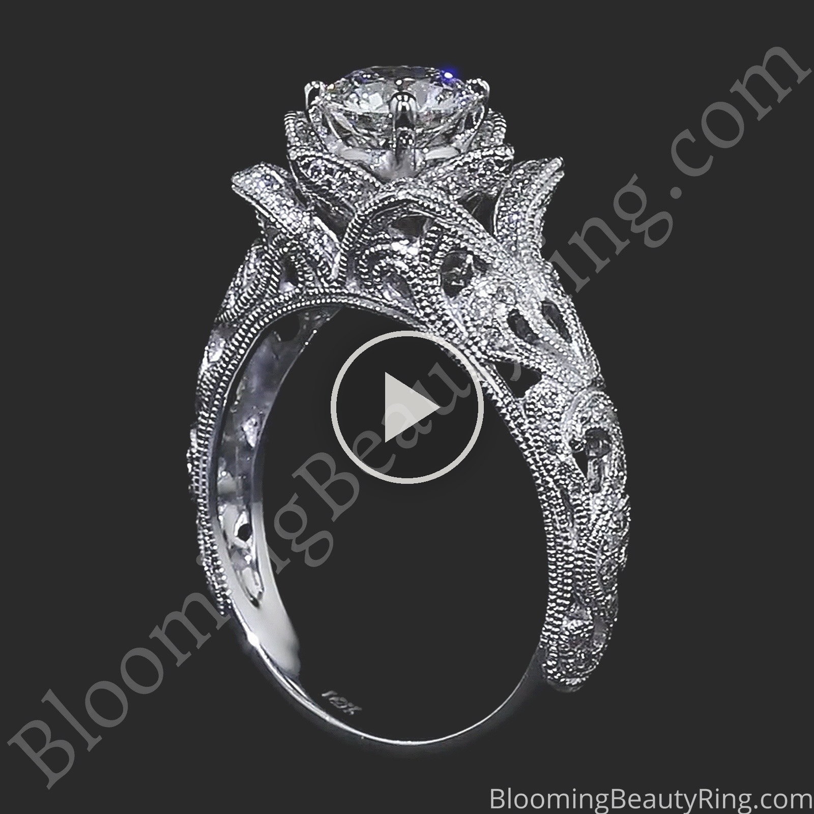 Art Carved Blooming Rose Flower Engagement Ring with Rose Gold Petals – bbr611 standing up video