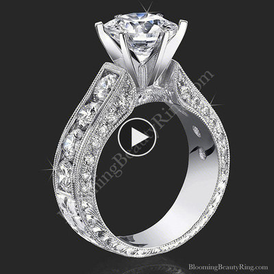 2.10 Carat Round Diamond Engraved Engagement Ring with Huge Quarter Carat Channel Set Diamonds – bbr389 video