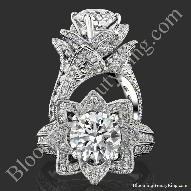 Two views of the large hand engraved blooming beauty flower engagement ring, standing and face on - bbr434en