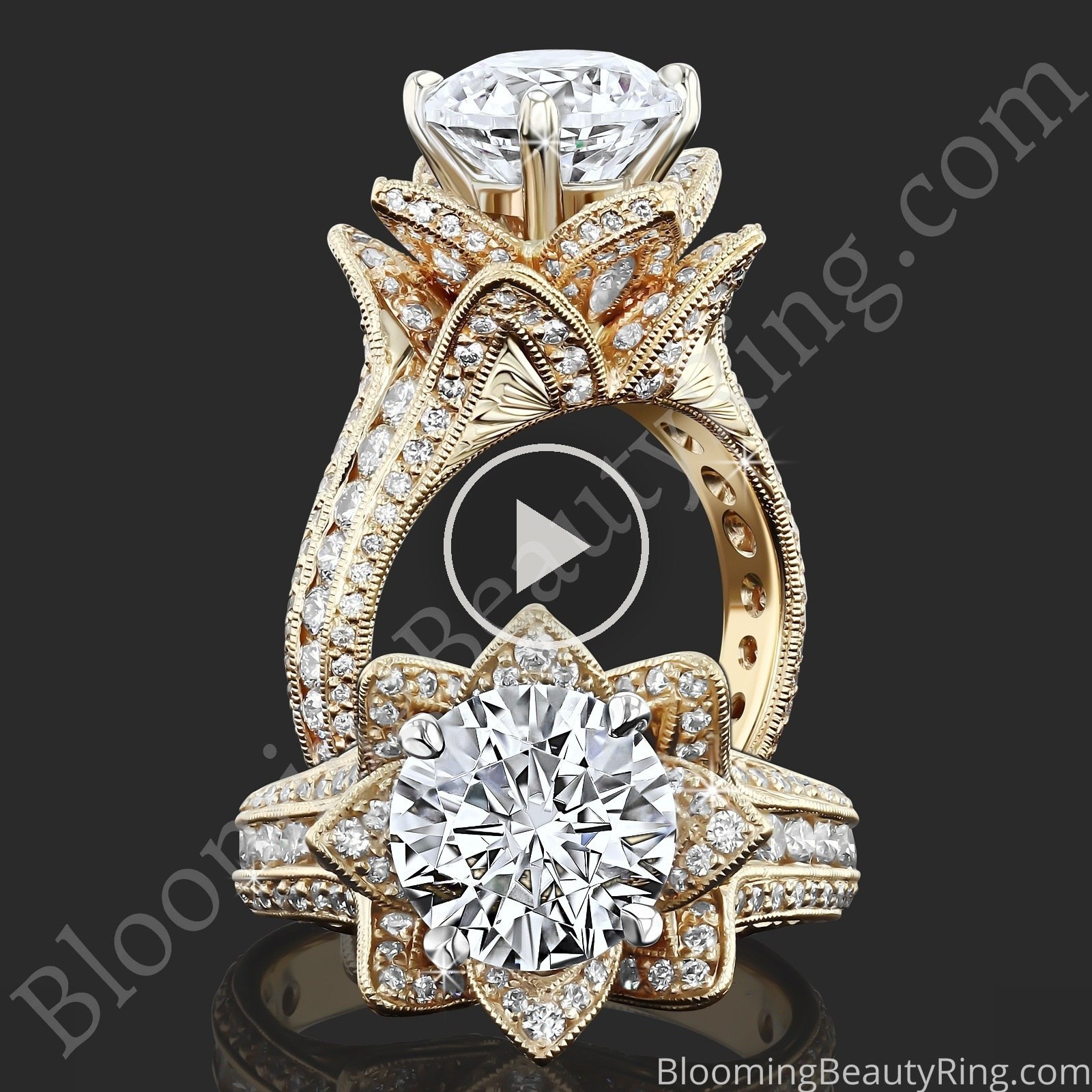 1.78ctw Yellow Gold Large Hand Engraved Blooming Beauty Flower Diamond Engagement Ring – bbr434ygen standing up video