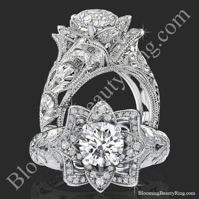 Diamond Embossed Blooming Rose Engagement Ring with Etched Carvings