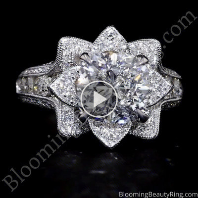 Custom Hand Engraved Blooming Beauty Ring with 3.47 ct Cushion Diamond – bbr434en-custom laying down video