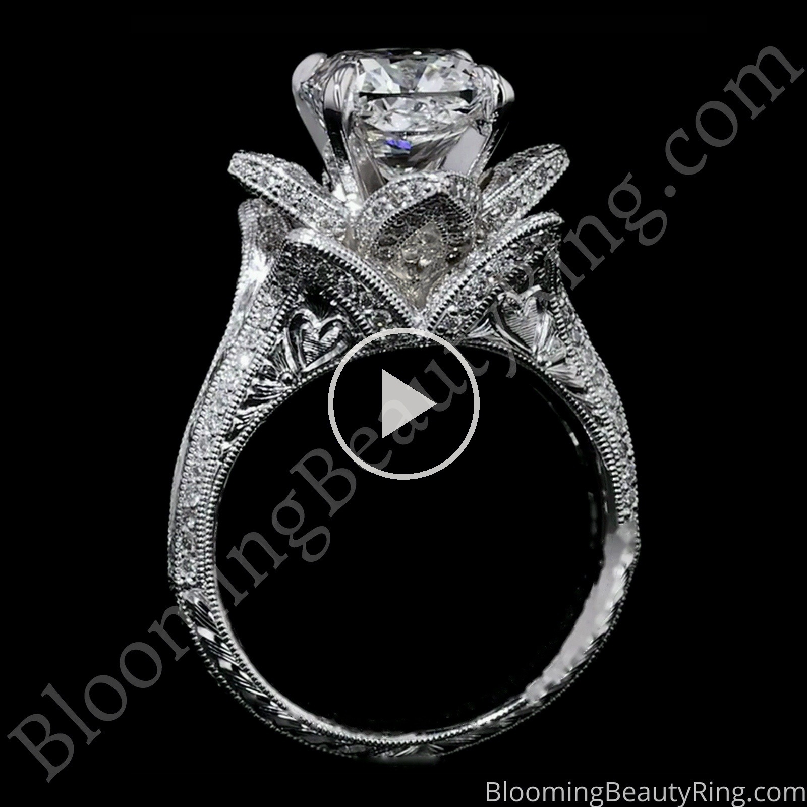 Custom Hand Engraved Blooming Beauty Ring with 3.47 ct Cushion Diamond – bbr434en-custom standing up video