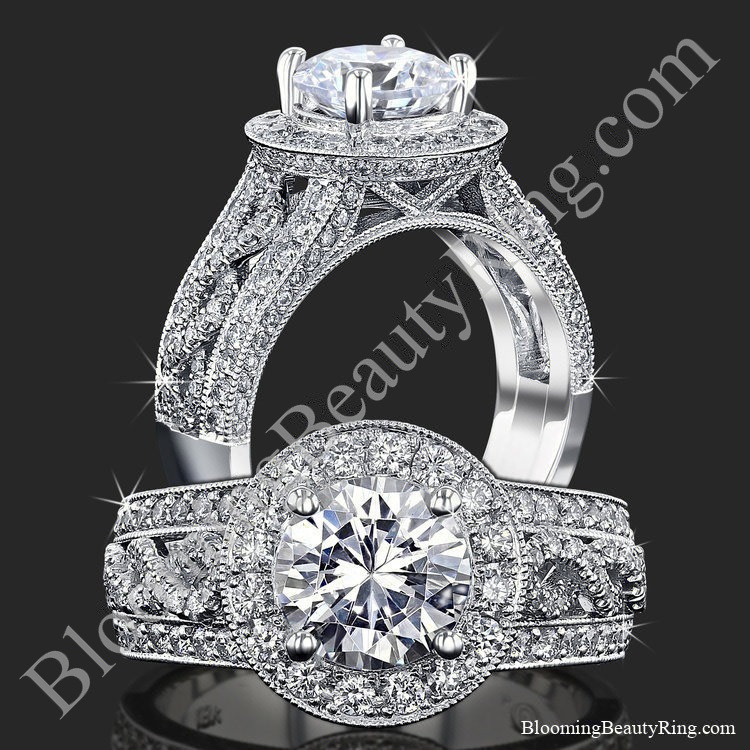 The Diamond Lattice Halo engagement ring standing up and laying down, with a round diamond halo and rows of diamonds down each shoulder, BBR-703E