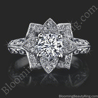 Hand Engraved 8 Petal .58 ct. Diamond Lotus Flower Ring – bbr588-2 laying down