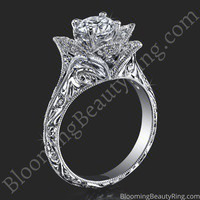 Hand Engraved 8 Petal .58 ct. Diamond Lotus Flower Ring – bbr588-2 standing up