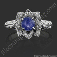 Hand Engraved 8 Petal .58 ct. Diamond Lotus Flower Ring – bbr588-2 with a star sapphire center laying down