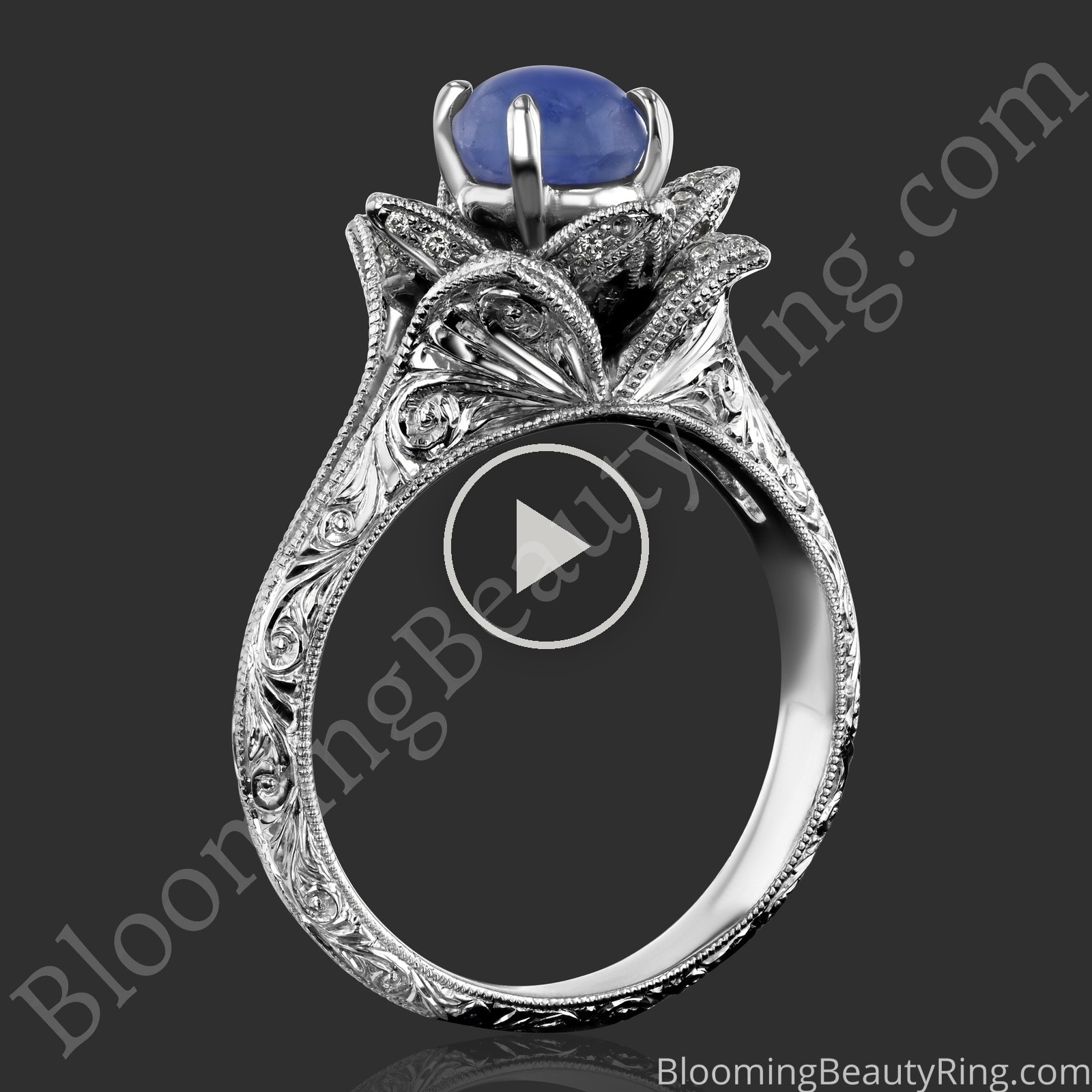Hand Engraved 8 Petal .58 ct. Diamond Lotus Flower Ring – bbr588-2 with a star sapphire center standing up video