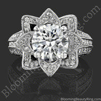 Face on view of the large hand engraved blooming beauty flower engagement ring, diamond petals blooming around a round center - bbr434en