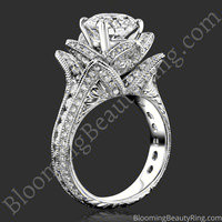 Hand engraved blooming beauty flower engagement ring standing up with round center diamond - bbr434en