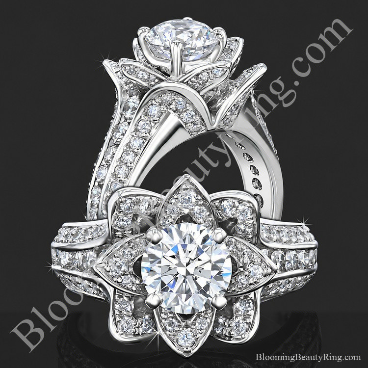 Two views of the nature inspired 1.38 ctw Blooming Beauty flower ring with pave petals - bbr434m
